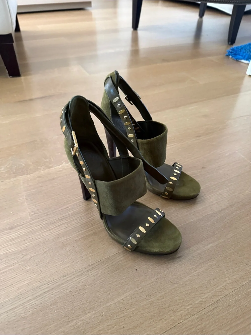 Tory Burch Olive Green Suede Studded High Heel Sandals